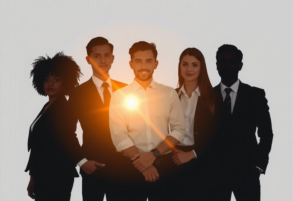 Abstract group silhouette of diverse professional individuals, suggesting collaboration and expertise, with subtle glowing lines connecting them. No text or distinct faces.