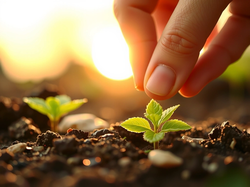 Stylized image of a hand planting a seedling in fertile soil, with a subtle glow, representing sustainability and ethical practices. No text.