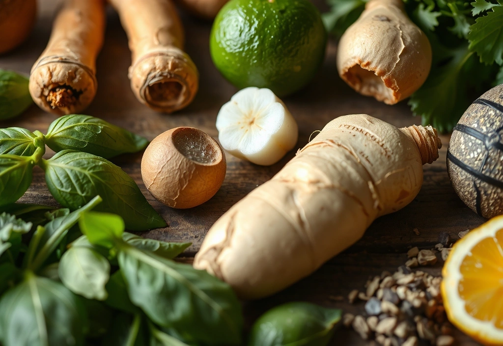 Green herbs and natural ingredients for energy boost