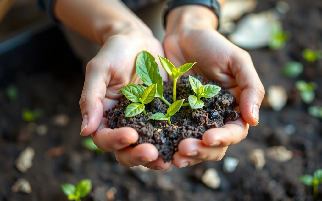 Hands holding natural plant sprouts in soil, symbolizing growth and natural well-being