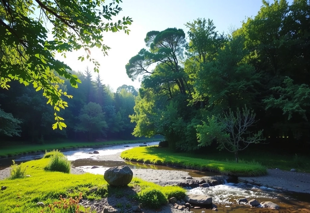 Serene natural landscape with lush greenery and clear water, symbolizing natural well-being and purity.
