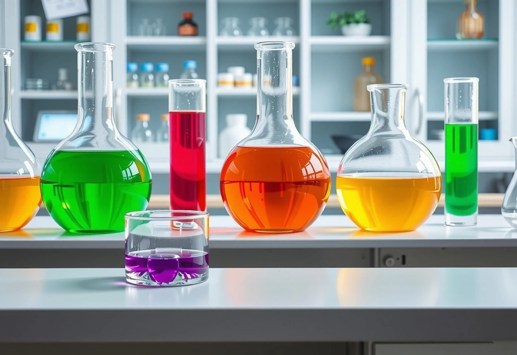 Stylized lab glassware with vibrant plant extracts, symbolizing scientific validation of natural ingredients.