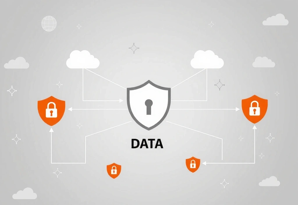 Illustration of data flow and privacy symbols